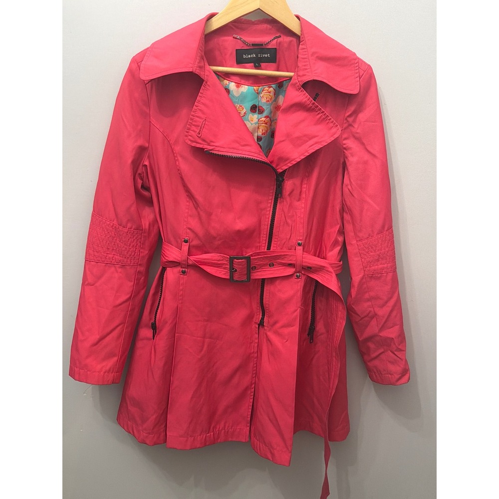 Black Rivet Women's Asymmetrical Moto Trench Coat Hot Pink Floral Lining Large